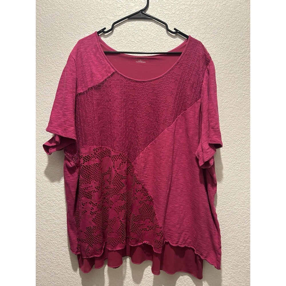 Catherines Blouse Size 3X Pink Lace Lined Short Sleeve Stretch Mixed Media